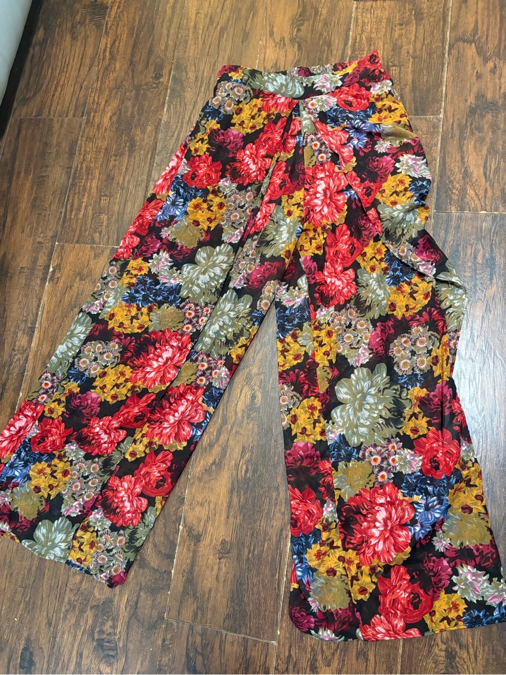 Floral Wide-Leg HAREM Drawstring Pants-Red, Yellow, Olive,Blue(Attached Shorts)